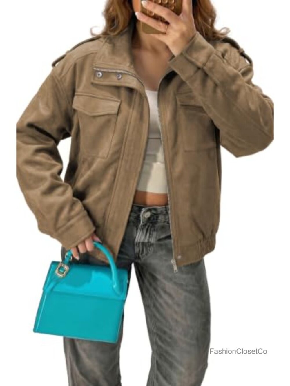 Faux Suede Bomber Jacket Cropped Long Sleeve Zip Up